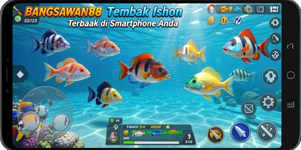 Screenshot gameplay BANGSAWAN88 dengan aksi menembak ikan.
