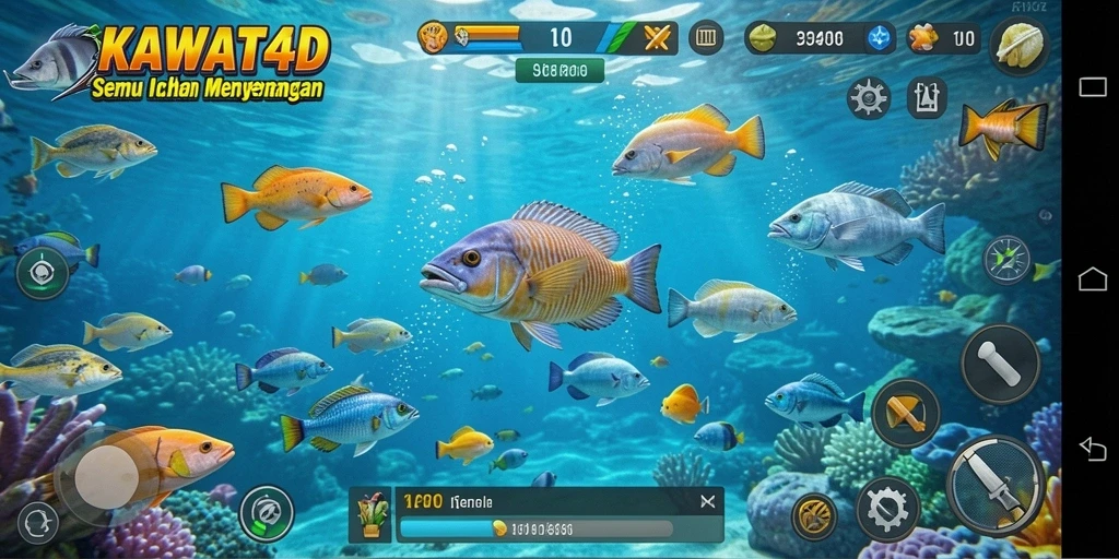 Screenshot gameplay KAWAT4D dengan ikan berwarna-warni dan seru untuk ditembak.