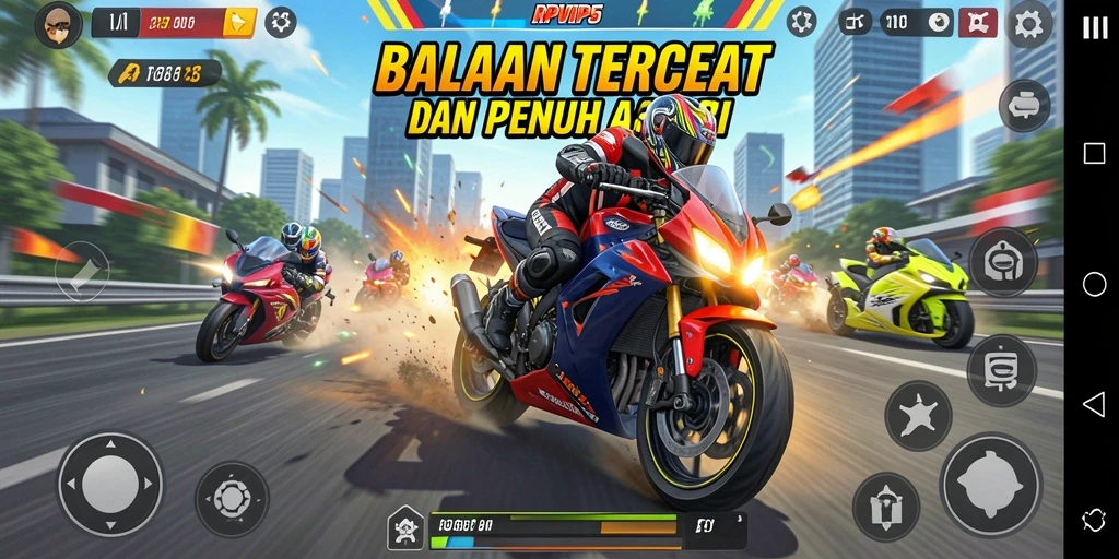 Screenshot gameplay balapan motor yang seru dan mendebarkan.