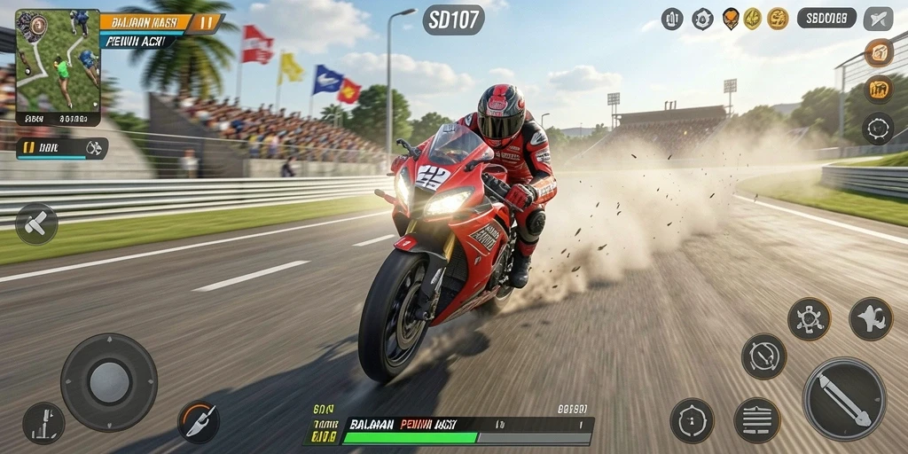 Gameplay balap motor yang seru dan menegangkan.