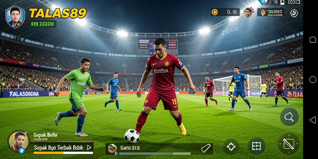 Screenshot gameplay TALAS89 menunjukkan aksi seru di lapangan sepak bola.
