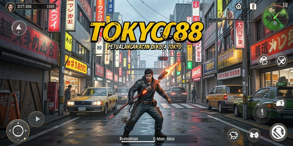 Screenshot permainan TOKYO88 yang menampilkan aksi seru di tengah kota.